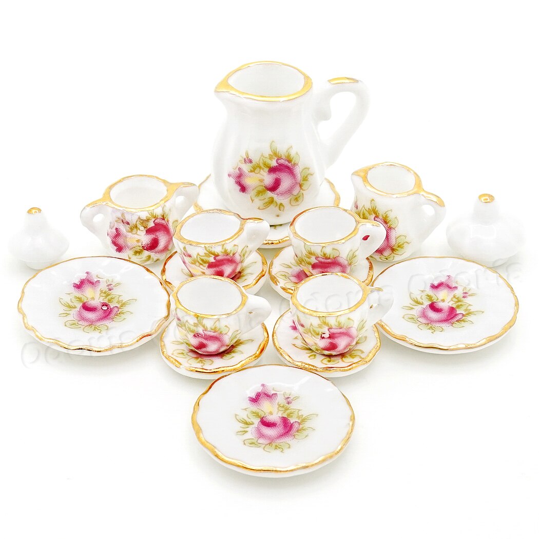 Odoria 1:12 Miniature 15pcs Porcelain Tea Cup Set Chintz Flower Tableware Kitchen Dollhouse Accessories Decor ( 14 Patterns ): Pink Flower