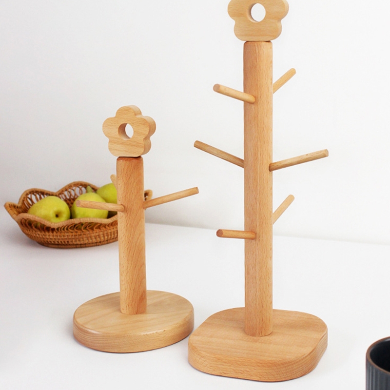 Portavasos de madera en forma de árbol con 3 ganchos, decoración de flores, soporte de exhibición, estante de almacenamiento de vidrio para té