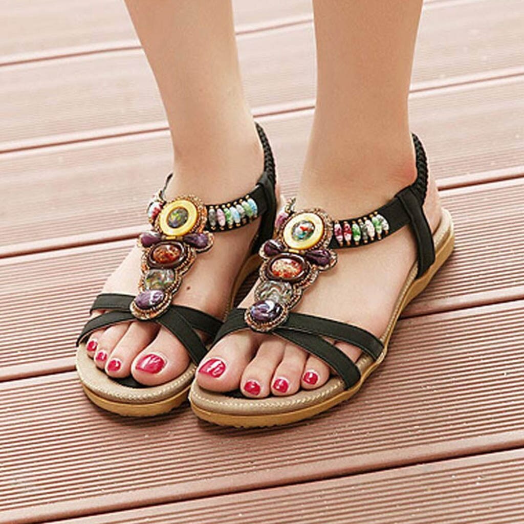 Vrouw Flats Sandalen Bohemian Flats Sandalen Vrouwelijke Kristal Strass Muilezels Slides Meisjes Sandalias Rasteirinha Wiggen Sandaal