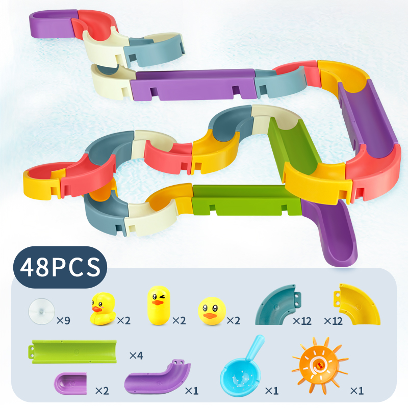 Baby bath toy diy run assembly track girl boy bathroom bathtub children summer play water spray toy set children stacking track: 48 pcs
