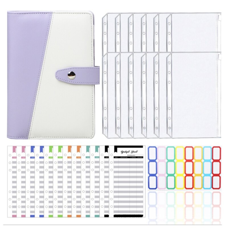 A6 Binder PU Leather Budget Planner Refillable 6 Round Rings Binder Cover Notebook Folder with Envelopes: Navy Blue