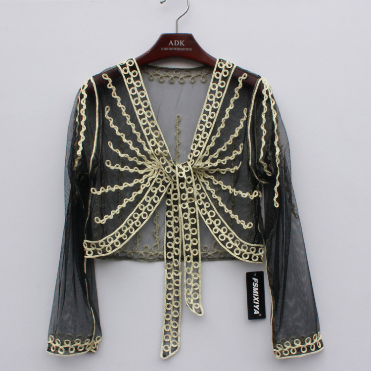 Zomer Vrouwen Kant Bolero Jas Schouderophalen Lange Mouw Korte Dunne Haak Borduren Gestreepte Vrouwelijke Shawl Vrouwen Vest Met Riem: black with beige