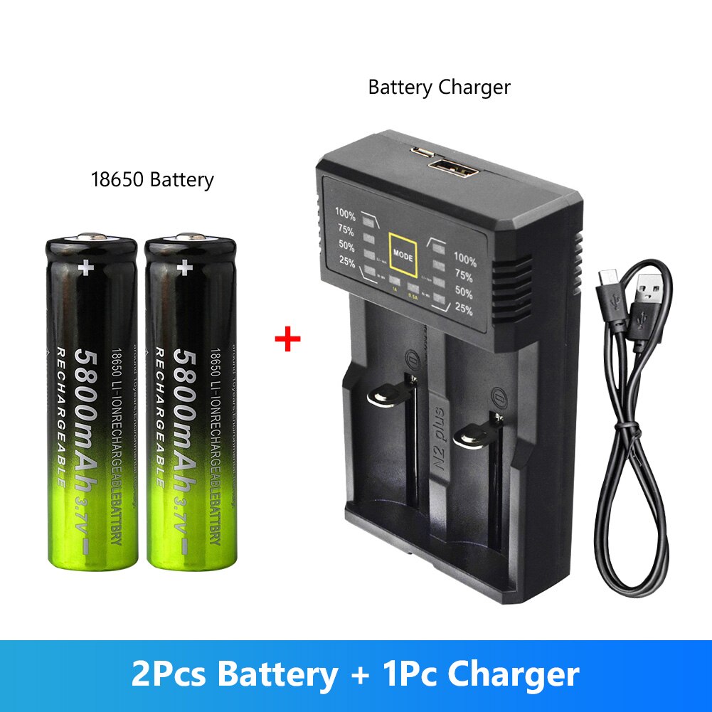 2pcs 18650 Rechargeable Battery 5800mAh 3.7V Lithium ion batteries For 4.2v Flashlight Battery+EU Plug Dual Battery Charger: 2 battery USB type