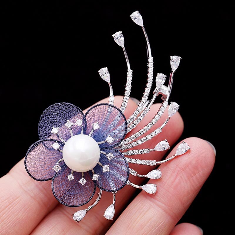 RED TREES Dress Brooch for Women - Plant Shape with Zircon & Pearl - Sterling Silver Alloy