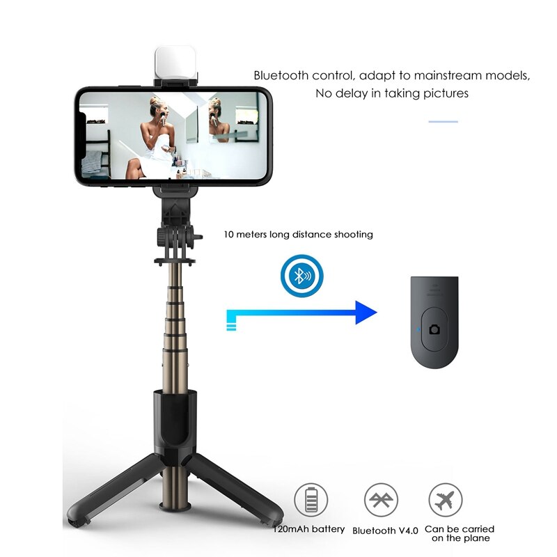 Selfie-stick mit licht, abnehmbarer kabelloser fernbedienung und drehbarem selfie-stick-stativ, universell für smartphones