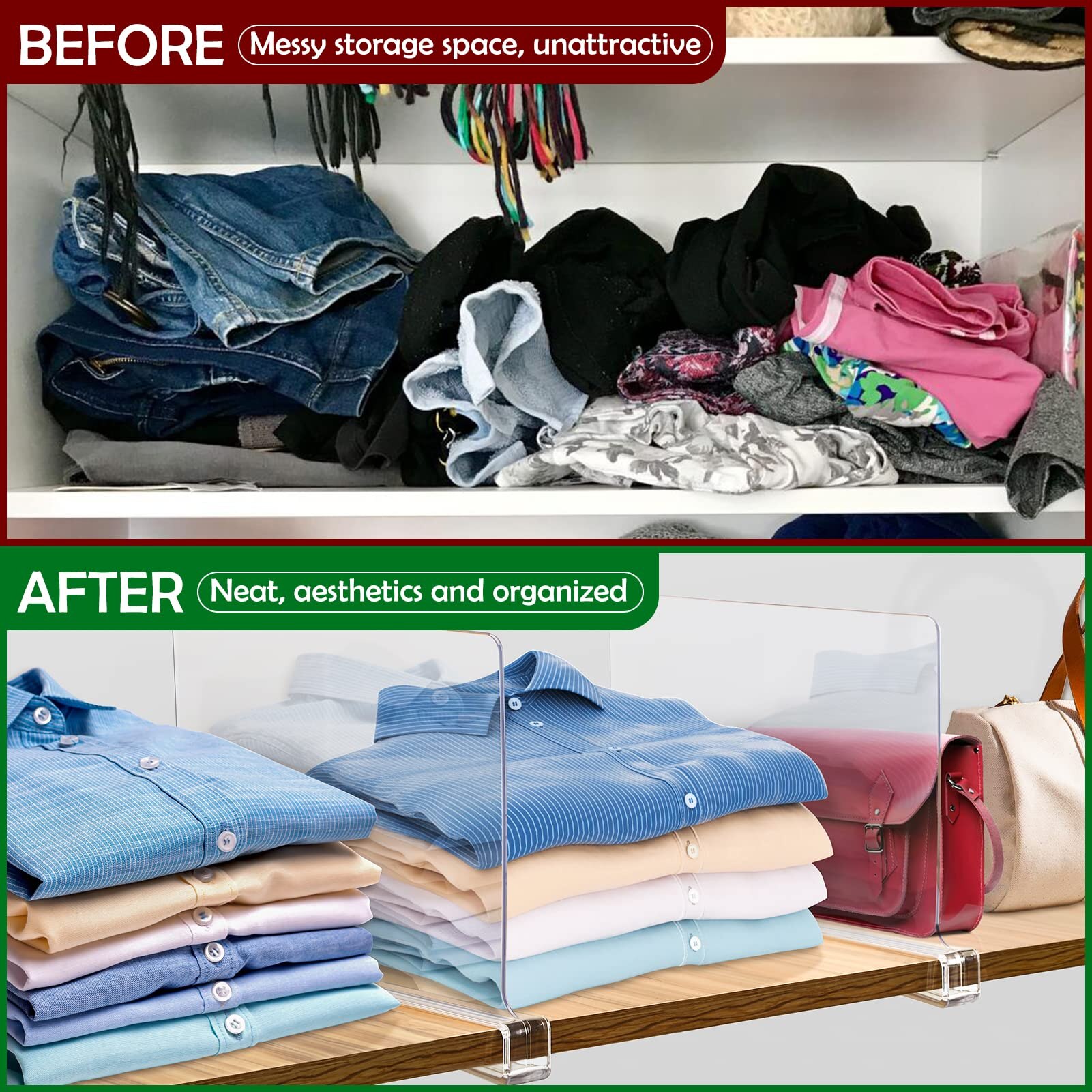 Acrylic Shelf Dividers 6 Pack Clear Shelf Divider for Closets Plastic Shelve Divider for Clothes Purses Separators Wood Shelves