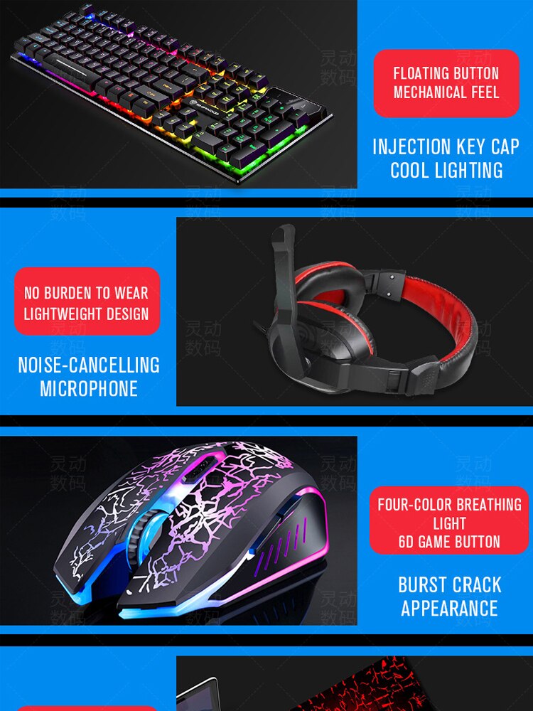 Gaming Keyboard Mouse LED Breathing Backlight Ergonomics USB Wired Full Key Mouse Pad Keyboard 4 In1 for PC Loptop