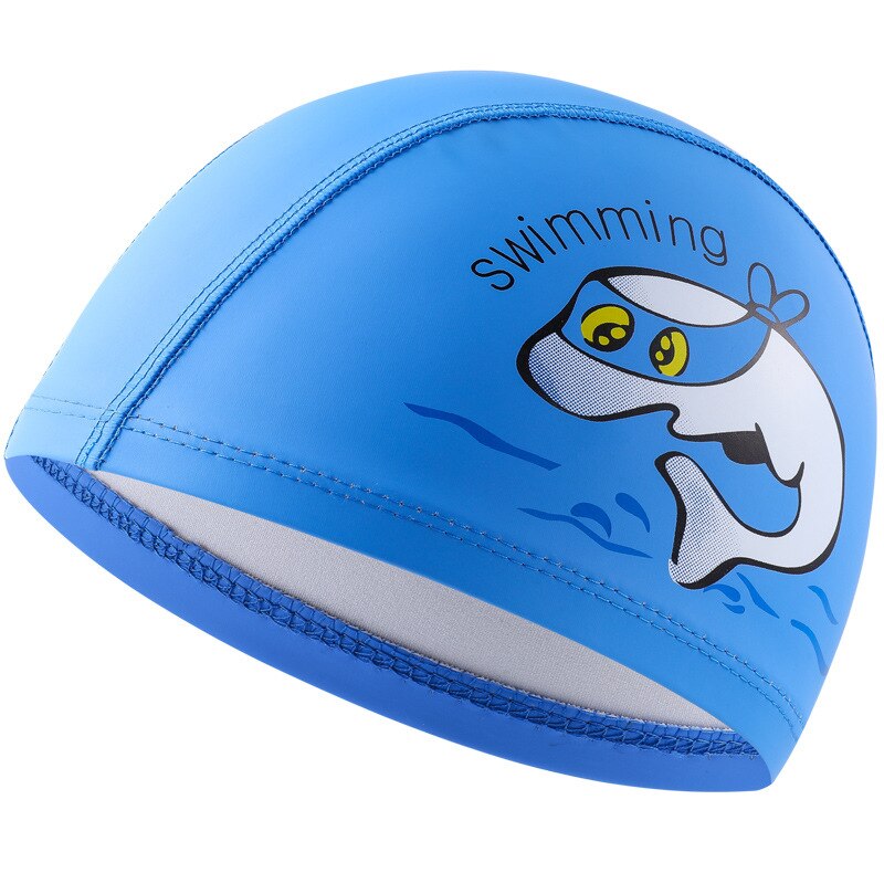 Children's Swimming Cap PU Cartoon Print Boys and Girls Swimming Elastic Hat Swimming Pool Cap Ear Protection Children Cap: Blue