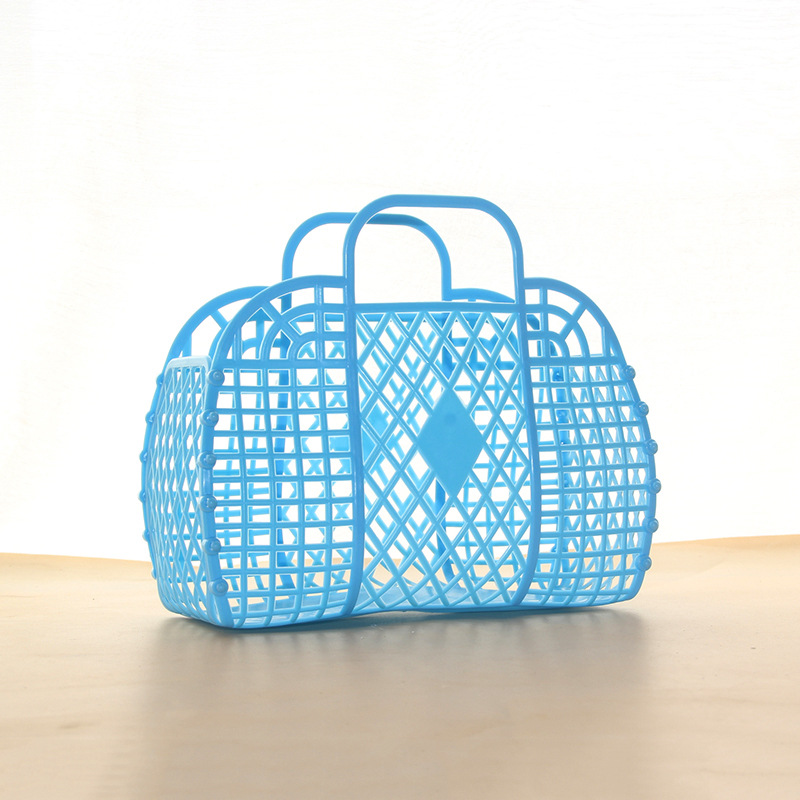 Bolsa de cesta de almacenamiento de plástico plegable, organizador de cosméticos de viaje abierto con de asas dobles, bolsa de playa para lavar a mano fácil de limpiar: Azul