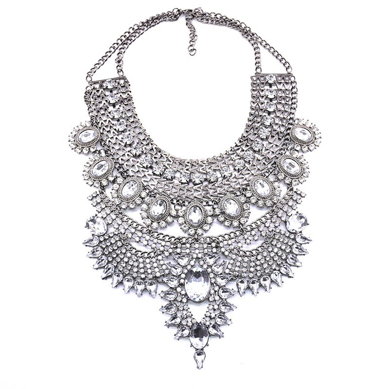 Indian Statement Big Chokers Necklace Women Crystal Large Collar Necklaces Female Big bib Necklace Boho Ethnic Costume Jewelry: white