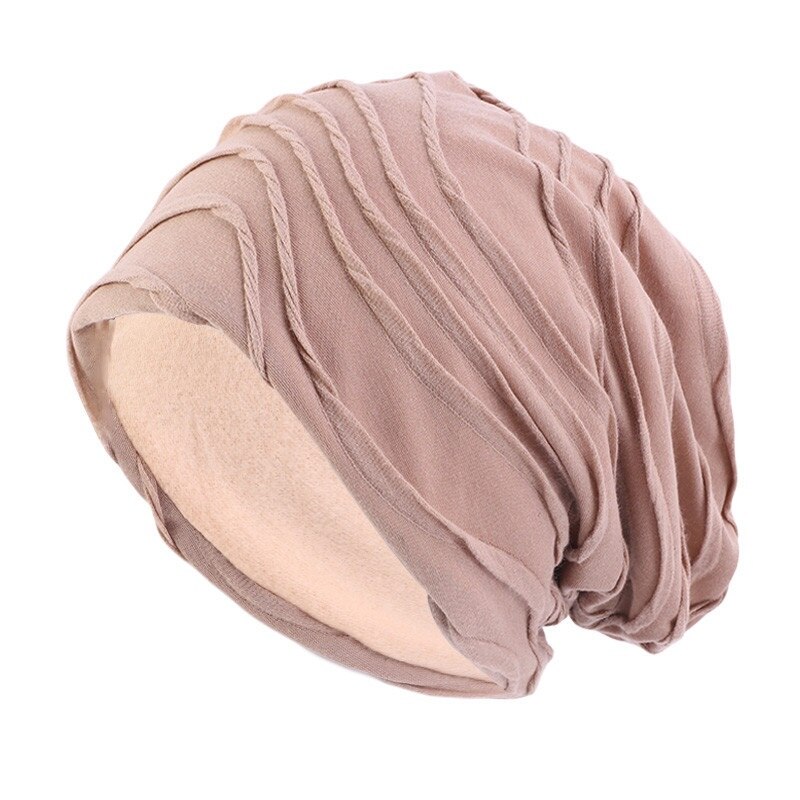 Kvinnor man bomull veck enfärgade mössor chemo keps håravfall stretch turban vinter höst hatt för dam tunn mössa hip hop keps: Kaki