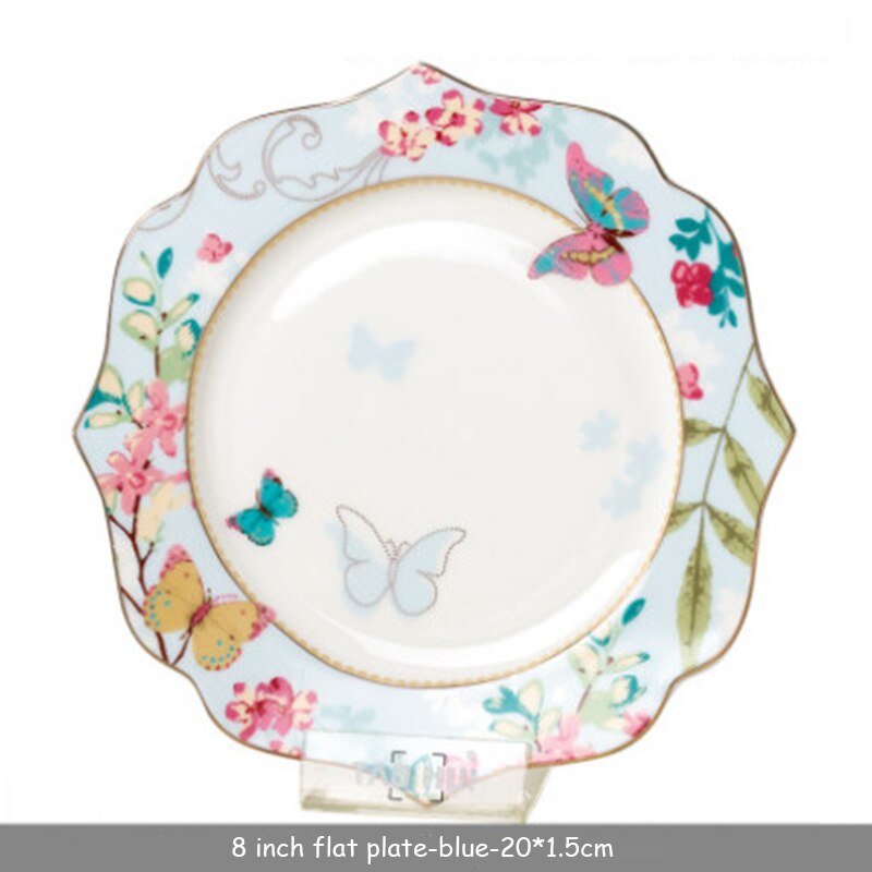 European Style Lace Dinner Plate Fruit Plate Ceramic Tableware Plate Western Food Steak Plate Soup Bowl Food Container: 8 inch plate-blue