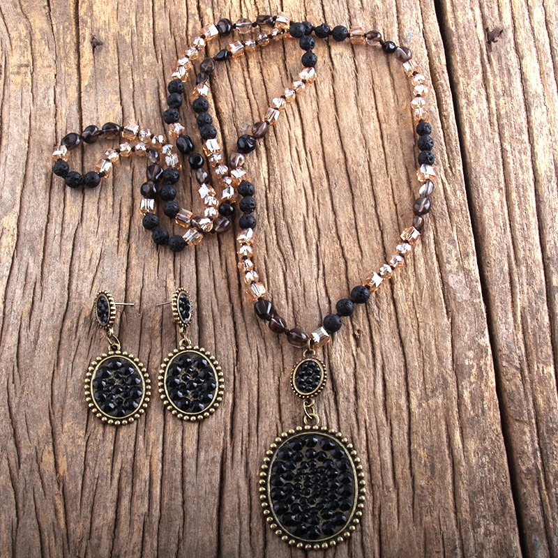RH Boho Schmuck einstellen halb Kostbare Stein & Glas Verknotet Pflastern Kristall Anhänger Halskette Ohrring einstellen Frauen