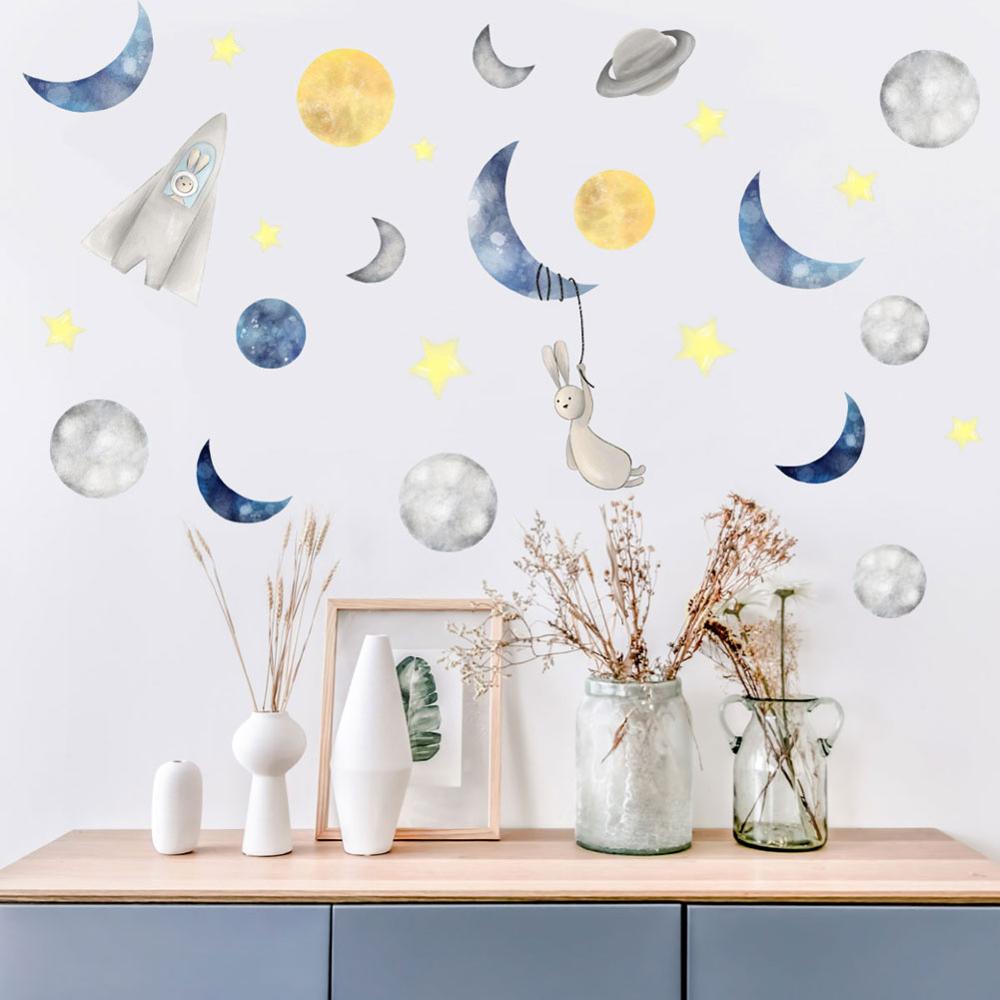 Tegneserie måne kanin stjernehimmel wallsticker soveværelse børn babyværelser dekoration vægmaleri børnehave tapet boligindretning klistermærker