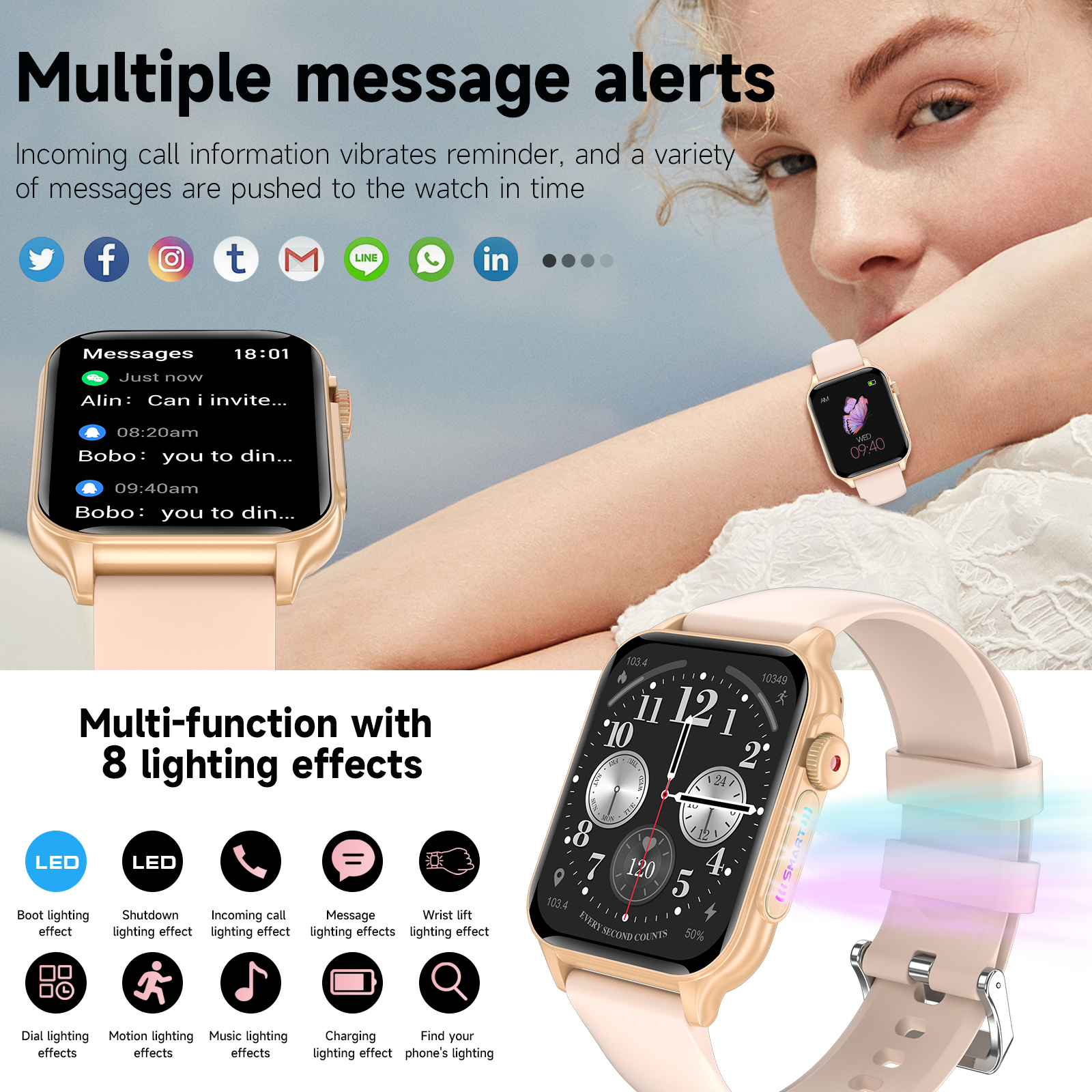 Montre connectée haut de gamme pour hommes et femmes, effet de lumière respirante colorée, fréquence cardiaque cool, montre-bracelet étanche