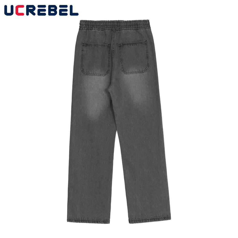 Pantalones vaqueros con bordado de letras cruzadas para hombre, pantalón informal desgastado de cintura elástica a la , ropa de calle, pantalones sueltos de pierna recta