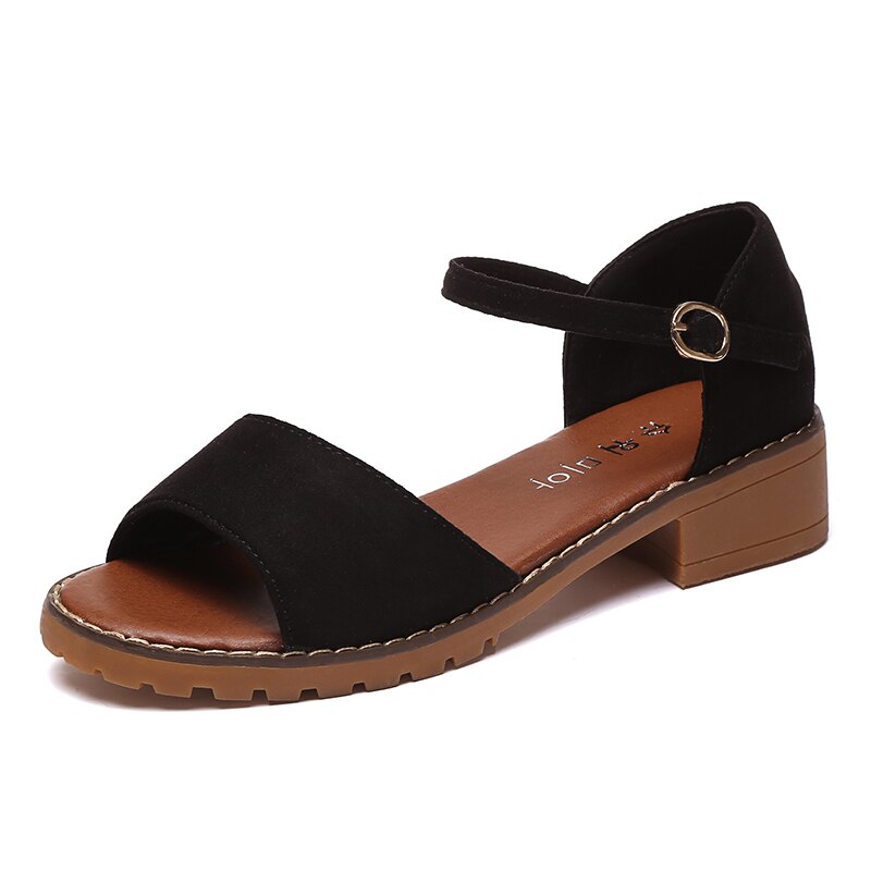 Sommar blommiga sandaler fisk mun kvinnor sandaler pu mocka retro högklackat fyrkantig klack kvinna spänne sko storlek 35-40 q418: Svart / 8.5