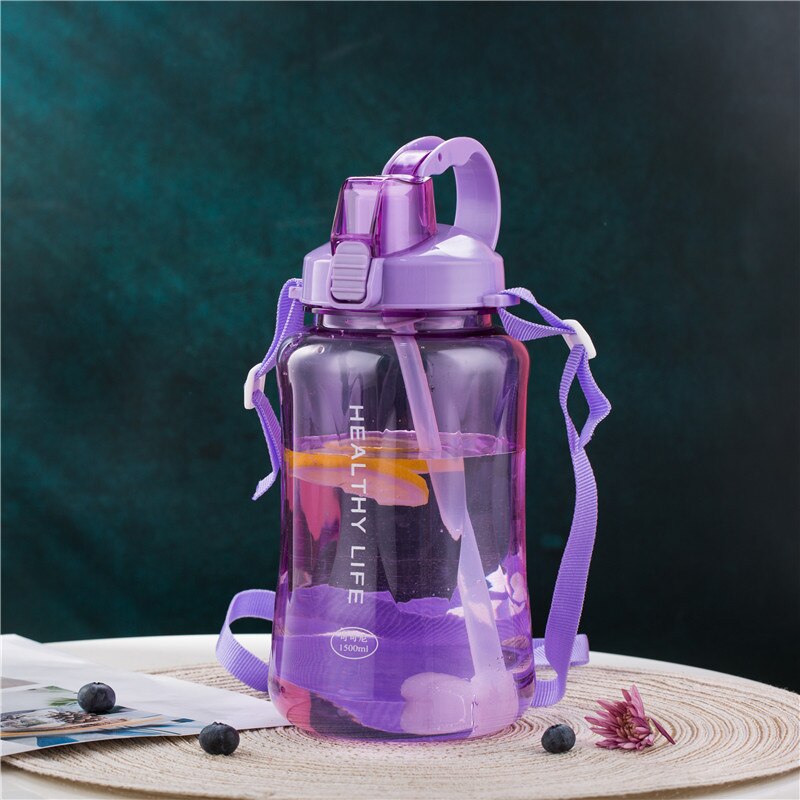1.5l grandes bouteilles d'eau potable en plastique transparent de grande capacité pour le tourisme de fitness en salle de sport bouteille de sport sans bpa avec paille: Violet