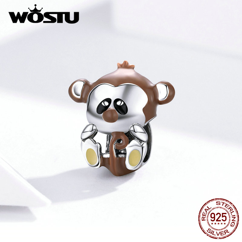 WOSTU Real 925 Sterling Silver Naughty Monkey Animal Beads Brown Charms Fit Original Bracelet Necklace For Women Jewelry CTC125