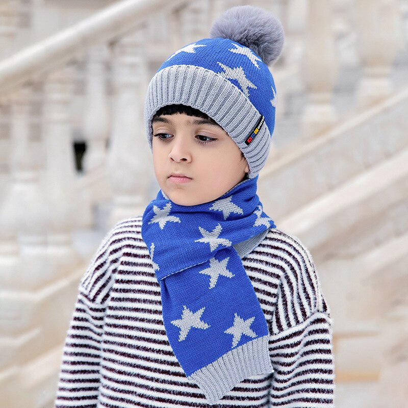 Ensemble de bonnets et écharpes tricotés pour enfants, 2 pièces, épais et chauds, avec pompon, accessoires pour vêtements, pour garçons, automne hiver: Bleu