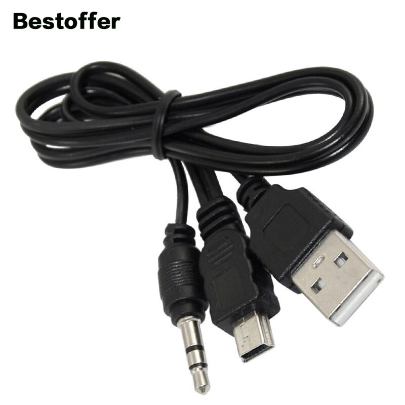 50cm Black USB 2.0 A to Mini B 5PIN+DC 3.5mm Male Plug Audio AUX Adapter Charger Cable Cord
