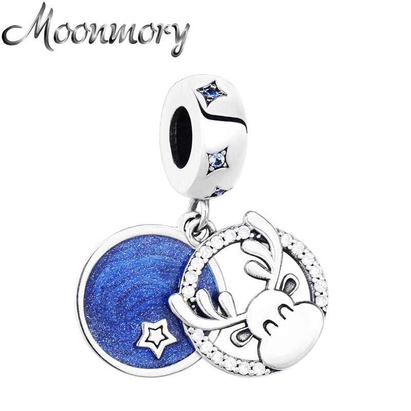 Moonmory 925 szterling srebro Jeleń wisiorek dla DIY bransoletka ciemne niebieskie mleczne gwiaździste niebo oryginalna piękna biżuteria świąteczne prezenty
