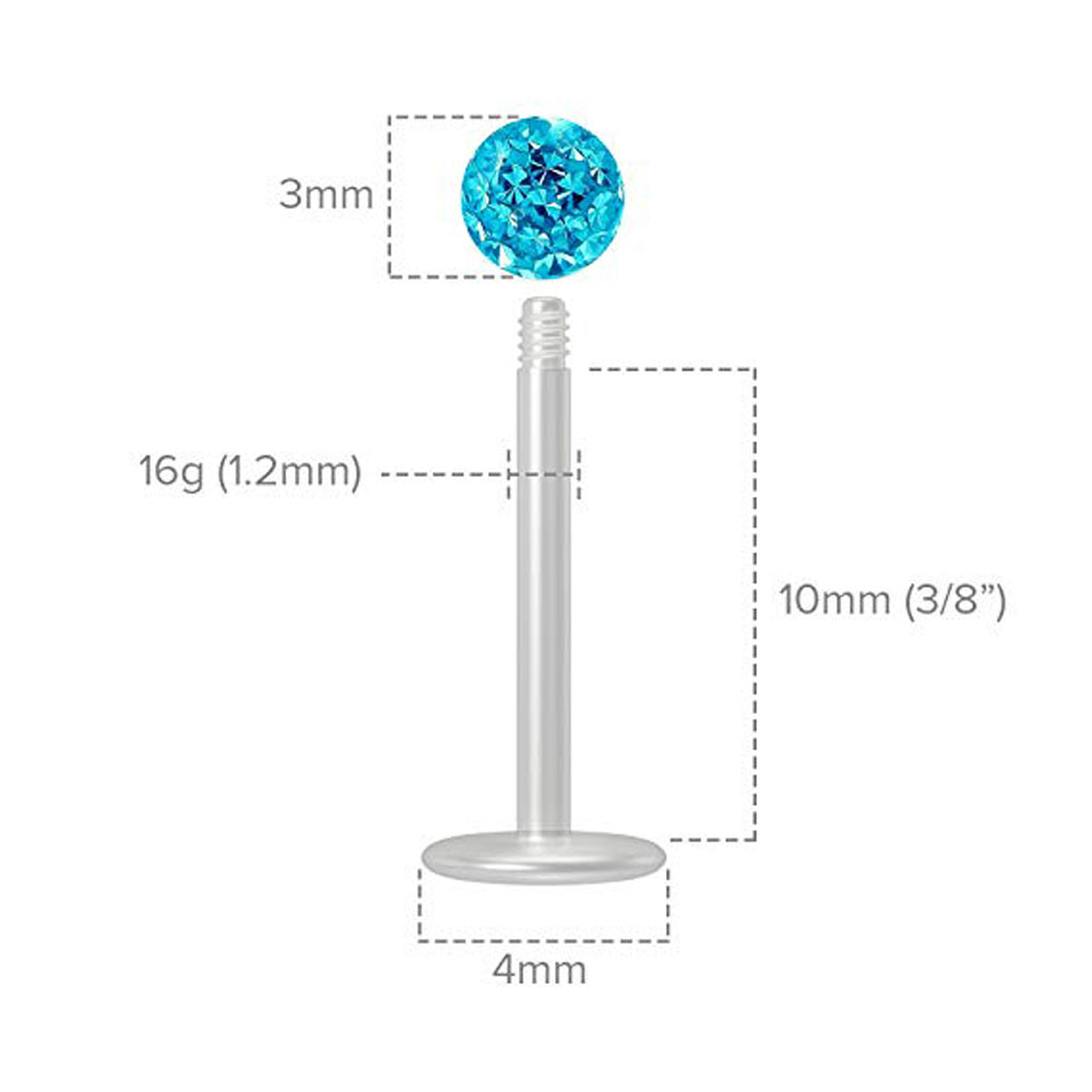 WKOUD 16G Crystal CZ Clear Bioplast Labret Flexible Lip Stud Clear BioFlex Hypoallergenic Jewelry 6/8/10/12mm