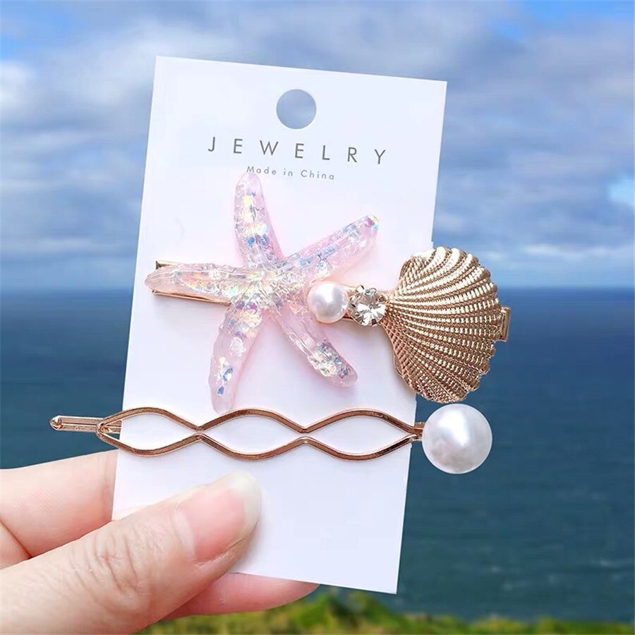 Mode Haarspelden Vrouwen Haar Accessoires Grote Zeester Sea Verkoop Simulatie Pearl Barrette Dames Hoofd Pins Clip Set Hoofddeksel: S2-Pink