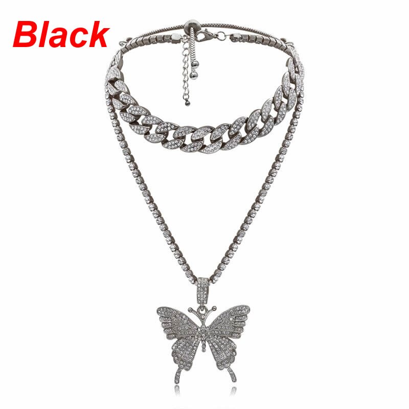 2Pcs Sparking Fully Iced Out Crystal Pave Butterfly Pendant Necklace Cubic Zircon 3D Butterfly Pendant Necklace Jewelry: Black