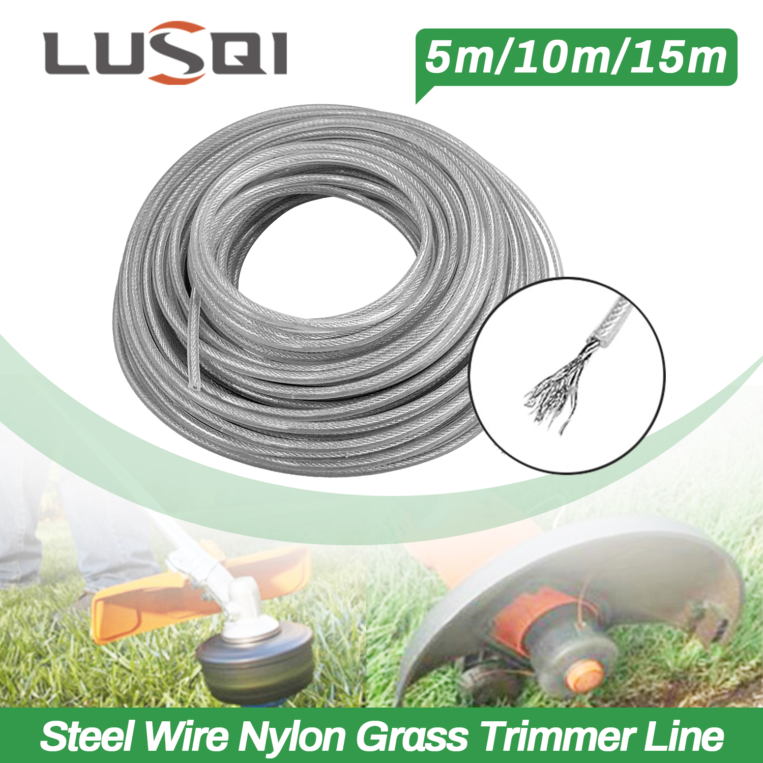 LUSQI 5M/10M/15M Stahldraht Nylon Rasentrimmer Linie Freischneider Trimmer Seil Rasenmäher Kabel Lange Runde Rolle Gras Ersatz
