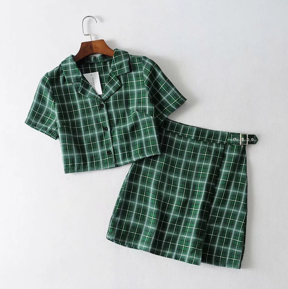 Vintage Plaid Trainingsanzug Frauen 2 Zwei Stück Set Casual Kurze Top Shirts + Mini Rock Passenden Sets Outfits conjuntos mujer Neue: B / L