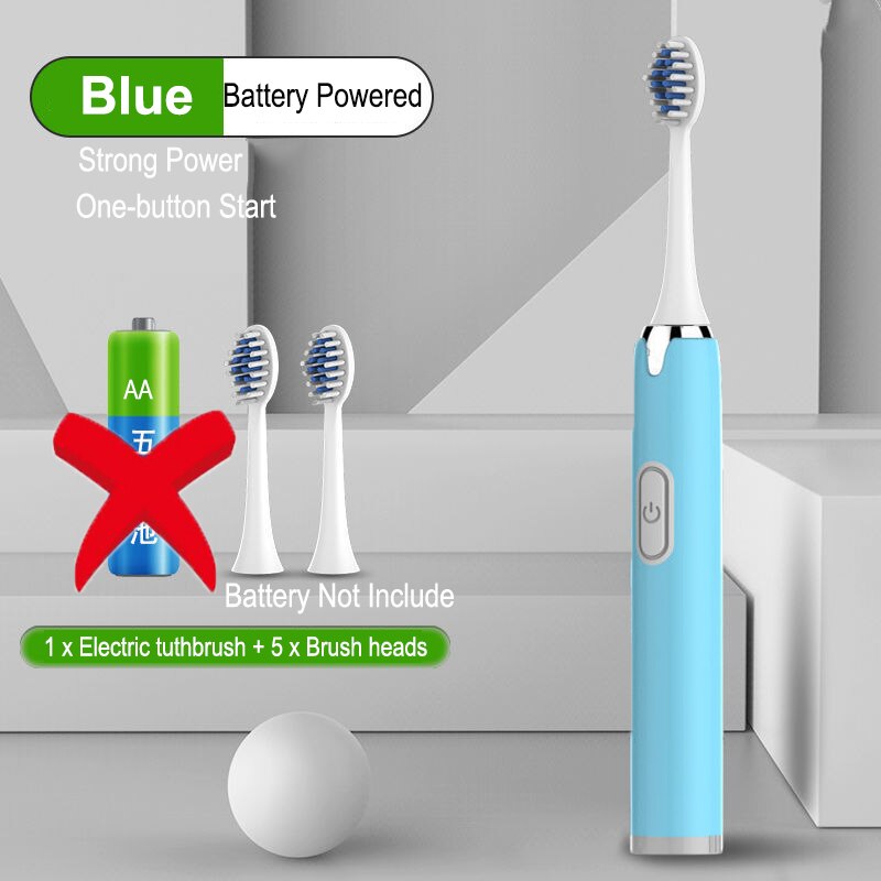Electric Toothbrush Battery Power Washable Whitening Relax Teeth Brush Ultrasonic Electric Toothbruth USB Rechargeable Adult: Blue 3 head