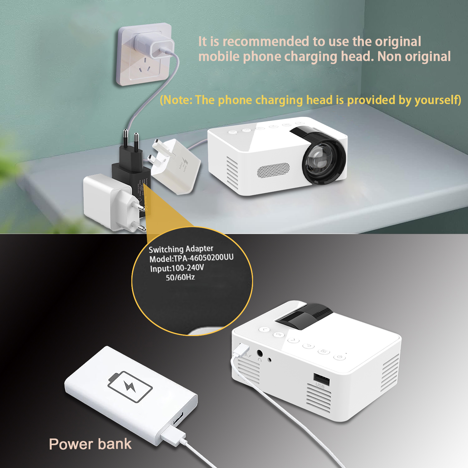 YT100 Entertainment Projector Multimedia Video Home Theater Outdoor Entertainment can be charged with a mobile power supply
