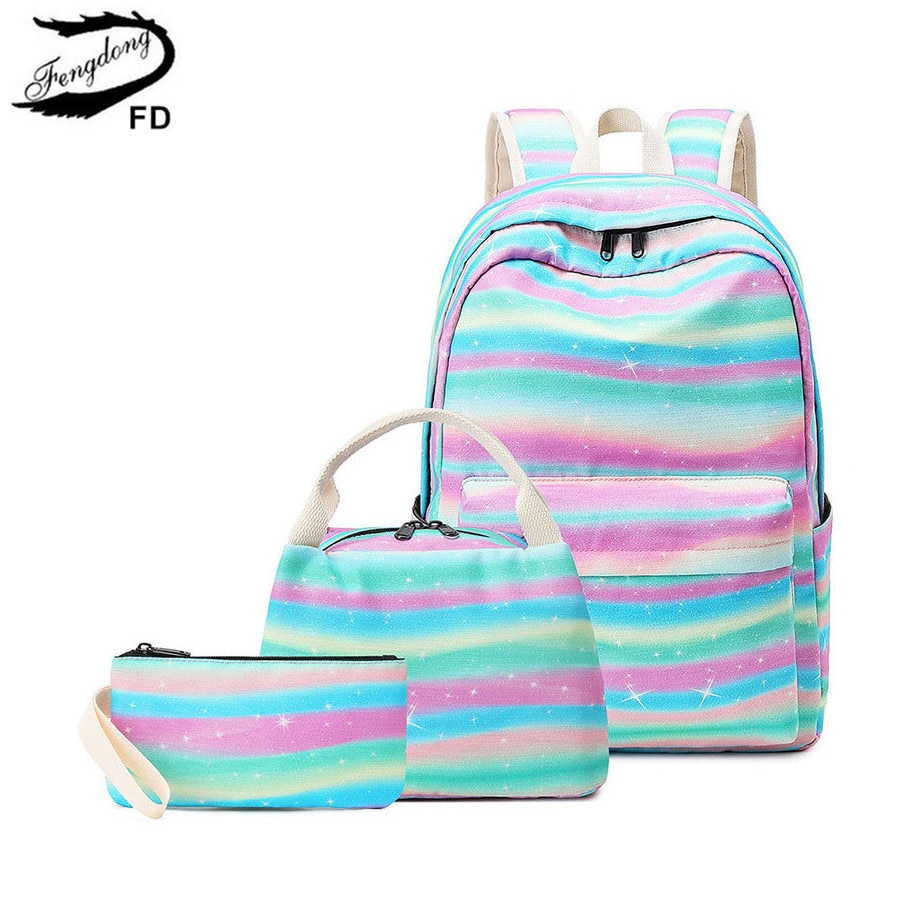 Fengdong Schooltassen Voor Tienermeisjes Mode Streep Waterpfoof School Rugzak Set Kinderen Voedsel Zak Kids Pen Potlood Tas Set