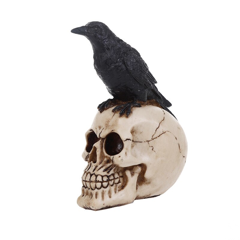 21cm Resin Crow Skull Horror Figurines Sculpture Ornament Halloween Party Decor Garden Statues Personality Art Skull Head