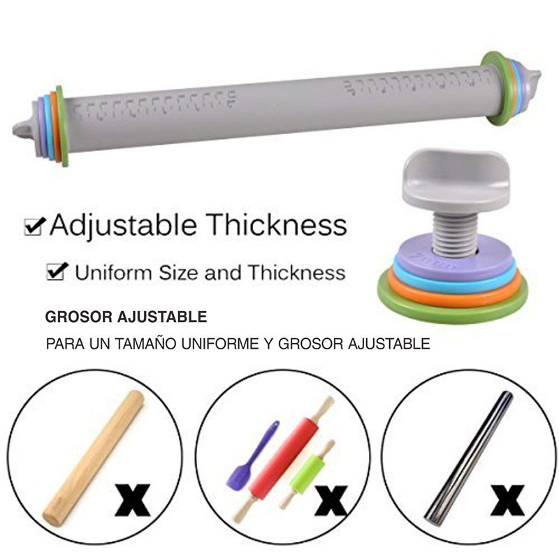 Adjustable Silicone Rolling Pin Dough Roller with Removable Thickness Rings Guides for Baking Dough Pizza Pie Cookies by Leeseph