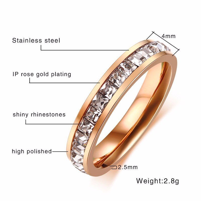 Vnox 3mm bight 585 rosa ouro tom anéis de noivado para mulher homem de aço inoxidável com pedras cz completa shinny anéis de casamento