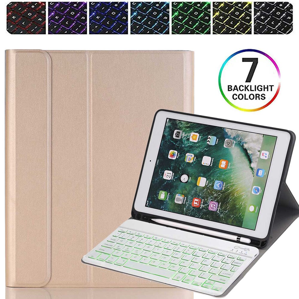 Wireless Keyboard For iPad 10.2 inch Case PU Leather Flip Stand Cover For iPad 7th Gen 10.2" Backlit Bluetooth Keyboard: Gold-Backlit