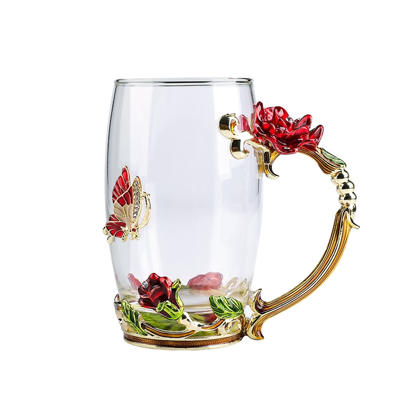 Röd blå ros emalj kristall tekopp kaffekopp fjärilsrosa målad blomma vattenkopp genomskinligt glas sked set  lb51232