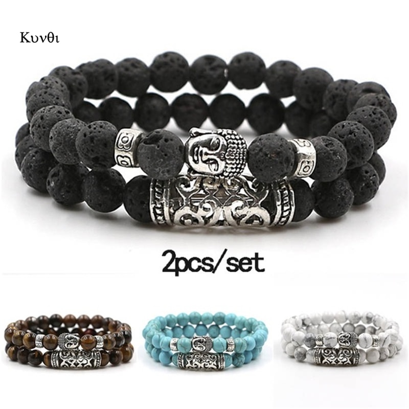 2Pcs/Set Nepal India Buddha Statue Beads Bracelet for Men Charm Black Lava Stone Bracelets Elastic Women Jewelry Yoga