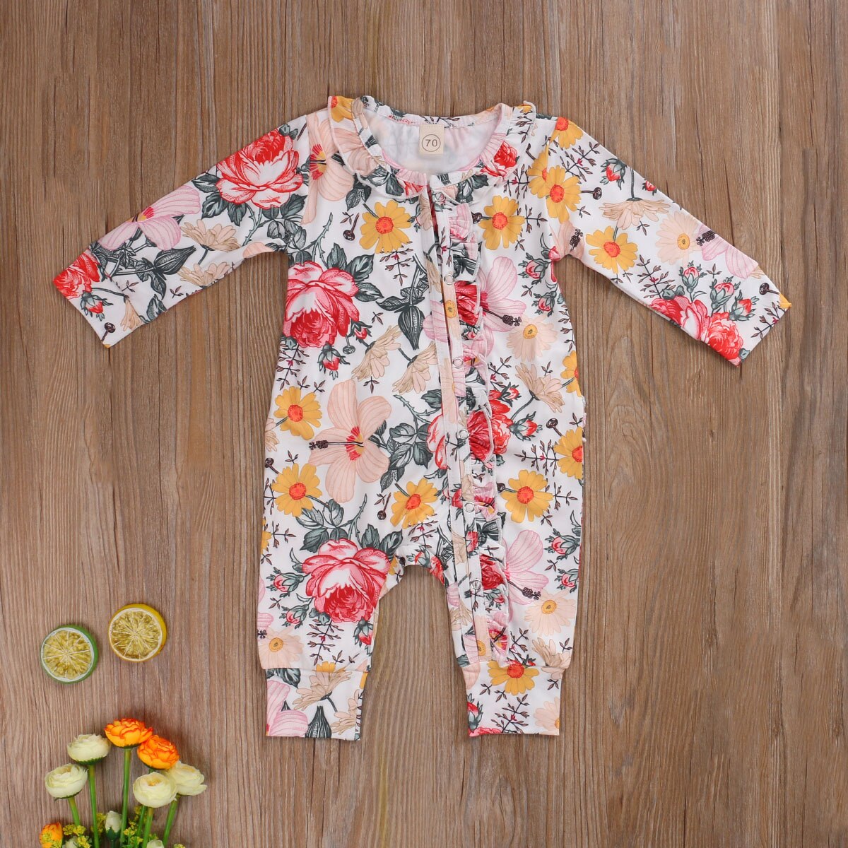 0-24M Peuter Baby Jongen Meisje Jumpsuit Lange Mouwen Ronde Hals Button Front Ruche Bloemen Romper