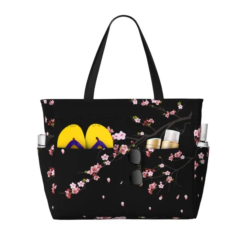 Grote strandtas met japanse sakura-kersenbloesems voor dames, waterdicht en zandbestendig, met ritssluiting, ideaal voor het zwembad, de sportschool en op reis.: Grijs