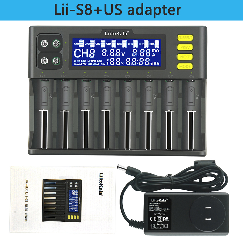 1-Slot 2 4 8 Slots 18650 Battery Charger LCD Display Li-ion 3.7V NiMH 3.2V IMR 3.8V Charger For 18650 26650 21700 26700 AA AAA: Lii-s8-US