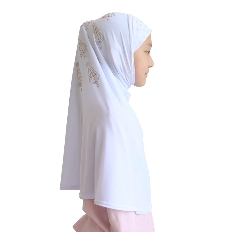Muslimska flickor hijab islamiska halsdukar sjalar mjukt stretchmaterial för 7 to 14 år gamla tjejer med skönhetsdiamant fint mönster: Vit