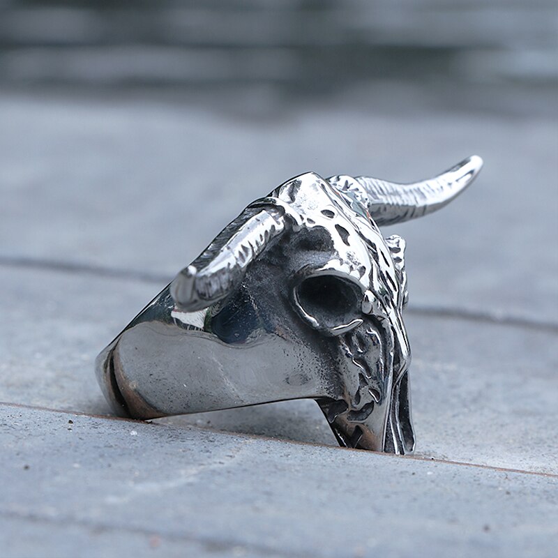 Gotisk rustfritt stål okse hodeskalle ring punk biker menn okse hode dyr ring kule smykker