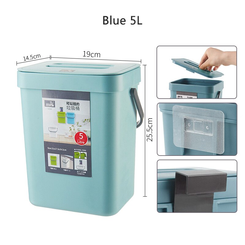 Kitchen Rubbish Bin Wall Mounted Trash Can Home Kitchen Cabinet Door Hanging Trash Garbage Bin Can Rubbish Container Trash Can: Blue 5L