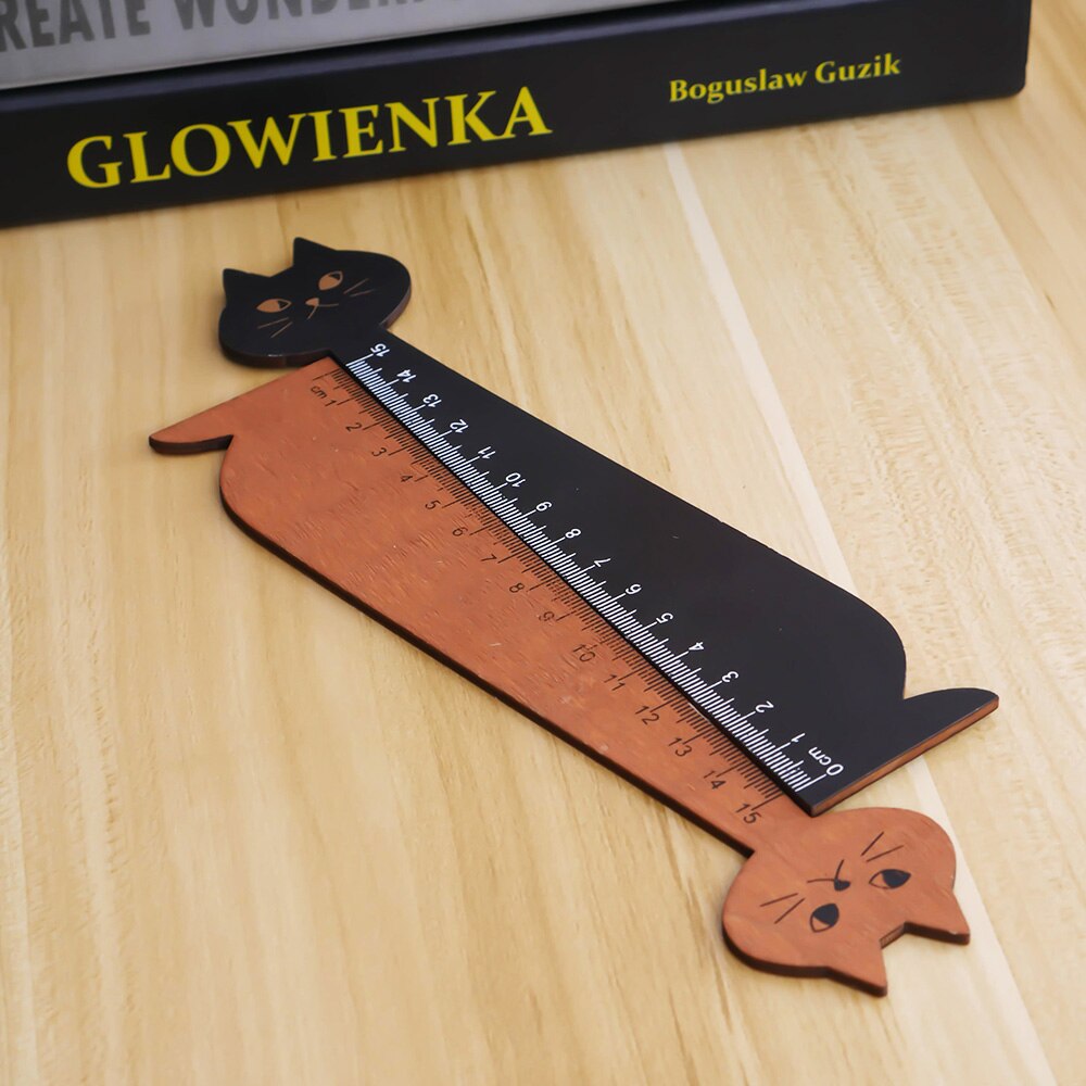 Regla de 15cm con forma de gato, regla recta de animales de madera, para útiles escolares para niños, papelería, negro, amarillo, 1 ud.