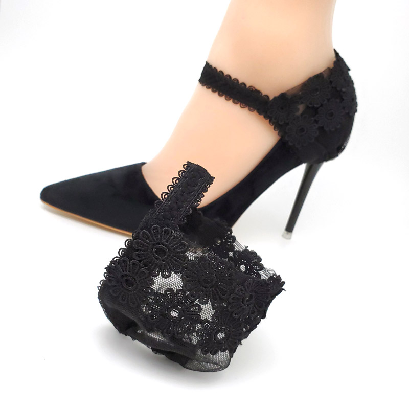 Hoge Hakken Anti Artefact Sexy Black Lace Bloem Hak Cover Fixed Schoenen Zonder Hak Kant