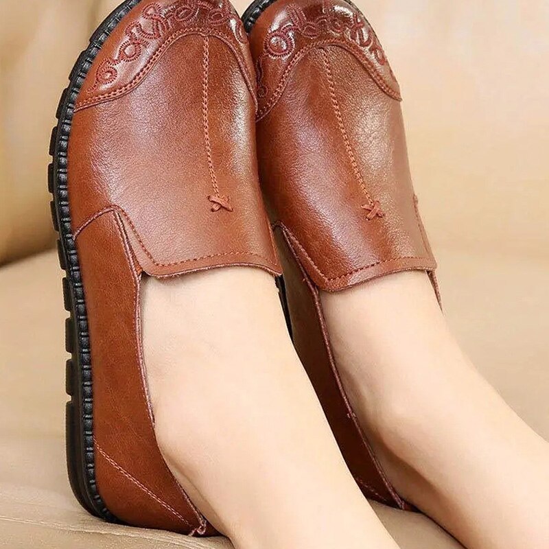 Mocasines vintage de cuero marrón para mujer, zapatos planos antideslizantes de , planos para caminar, para primavera,