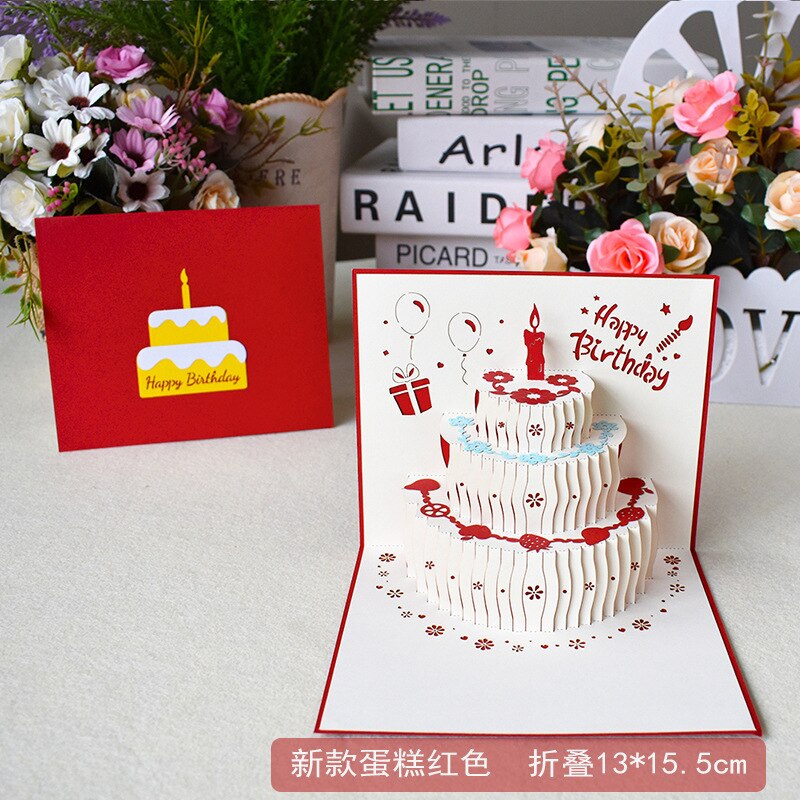 Happy Birthday Card 3D Birthday Cake Pop-Up Cards Flowers Birthday Card Anniversary Party Supplies